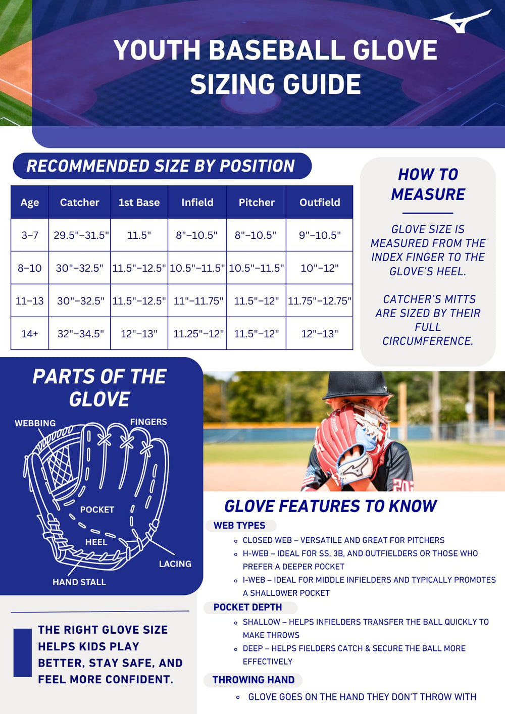Mizuno Prospect Brown Tartan Flex Web glove on display for teens.