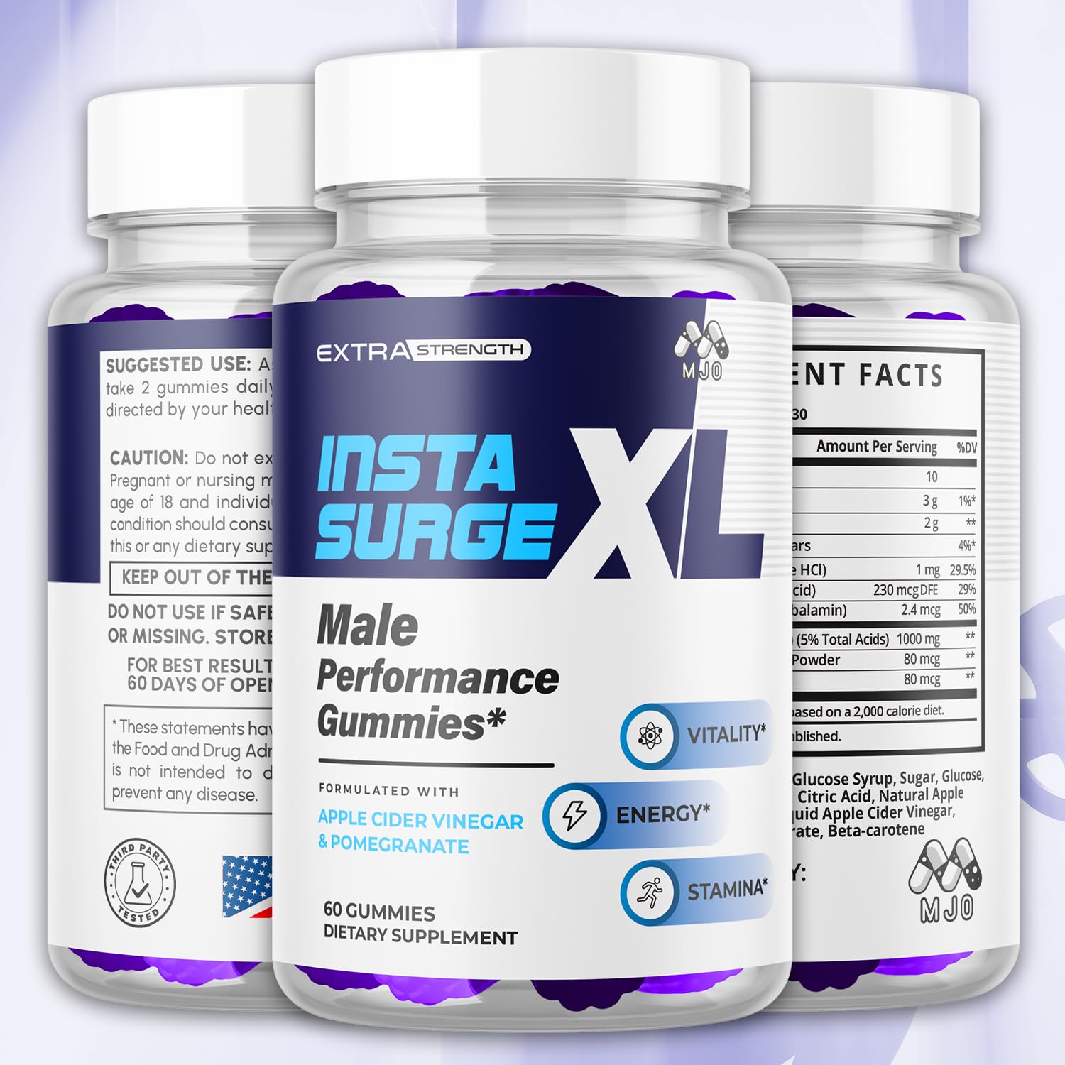 Close-up of Insta Surge XL gummies highlighting natural ingredients and flavor.