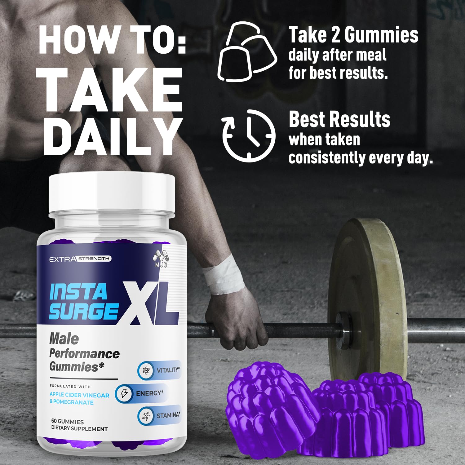 Serving spoon image suggesting portable daily intake of Insta Surge XL Gummies.