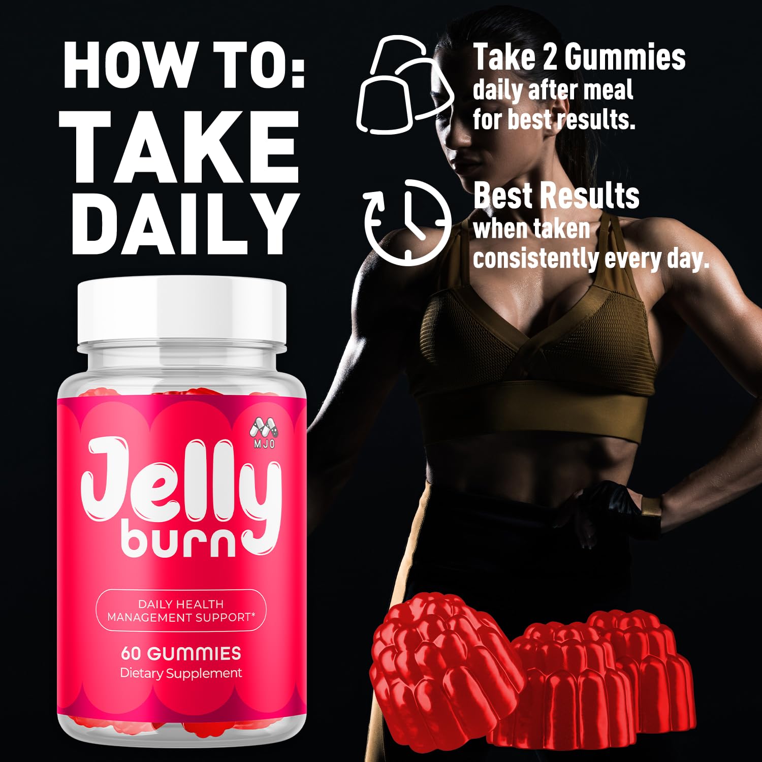 MJO Jelly Burn Gummies in hand suggests convenient daily consumption on busy days.