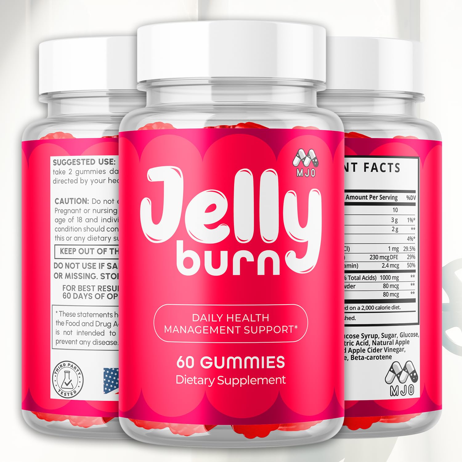 MJO Jelly Burn Gummies label detail highlights the max strength blend of natural vitamins.