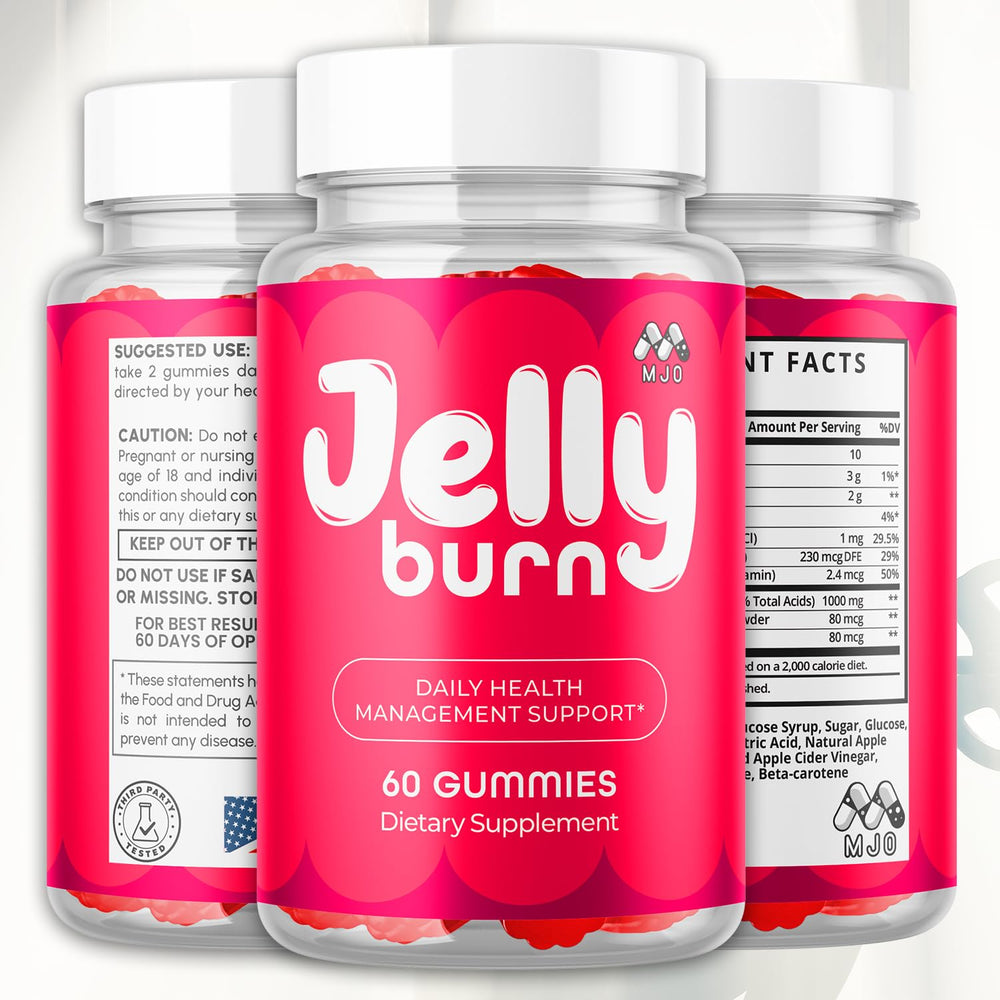 MJO Jelly Burn Gummies label detail highlights the max strength blend of natural vitamins.