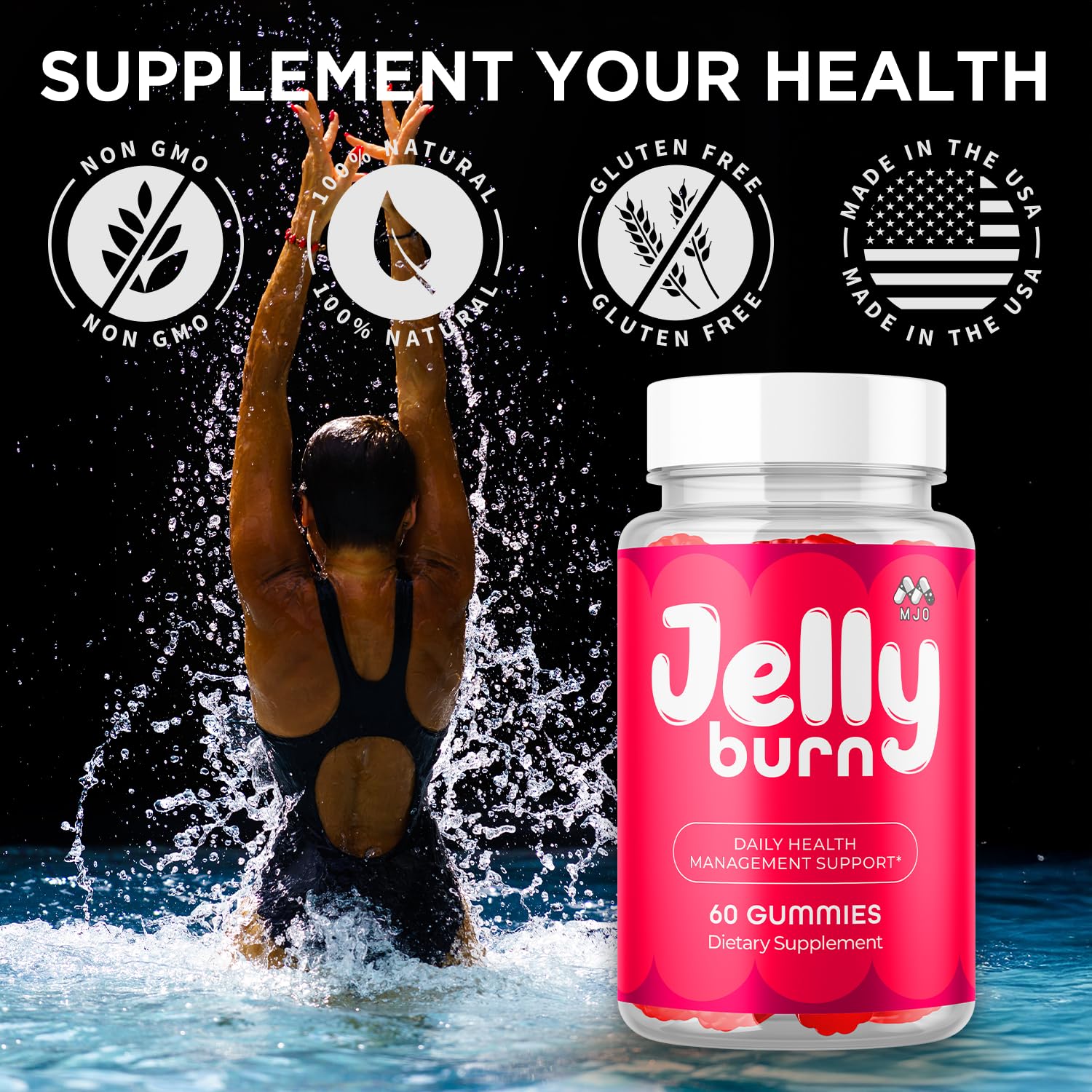 MJO Jelly Burn Gummies on workout bag conveys on-the-go support after training.