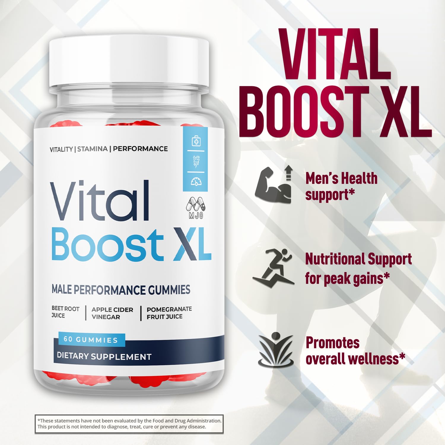 MJO Vital Boost XL Gummies bottle with glass illustrating everyday wellness routine