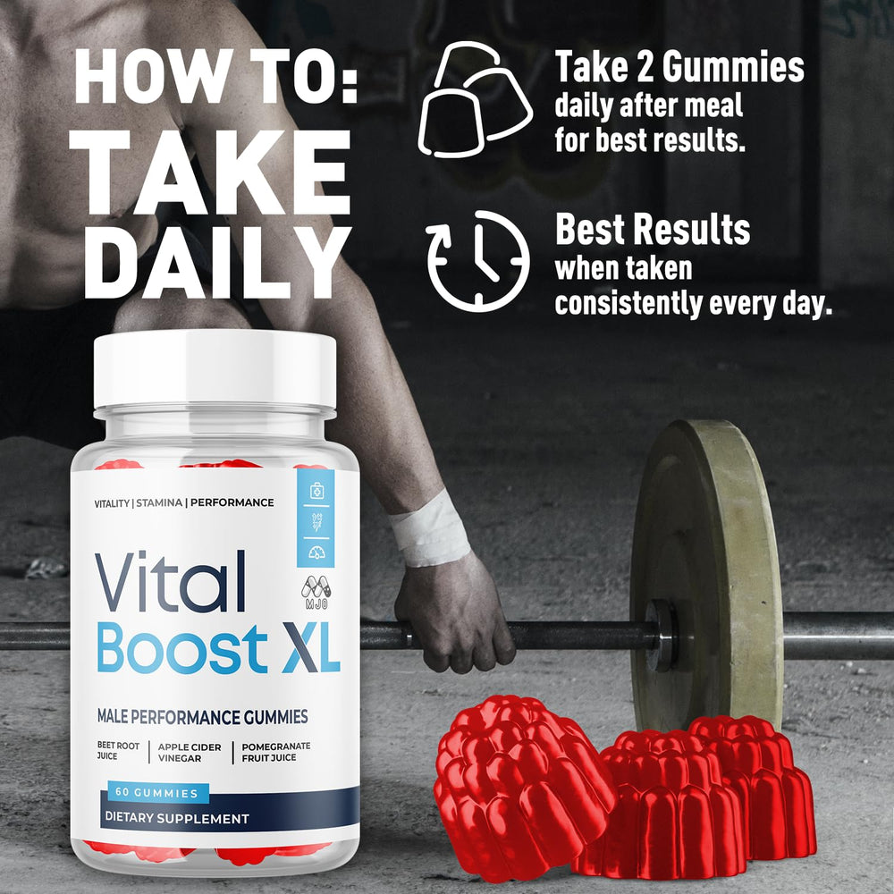 Ingredients panel on MJO Vital Boost XL Gummies highlighting natural vitamins and extracts