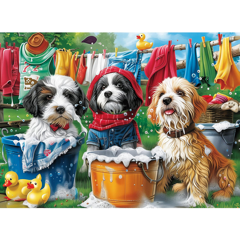 mjyphdm puppies doing laundry puzzle scene, ideal for family game night