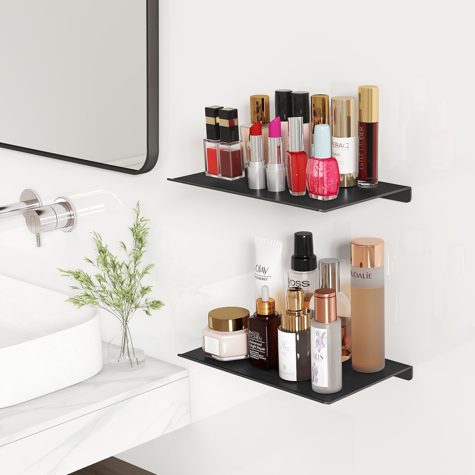 MKO matte black floating shelves for toiletries and everyday items