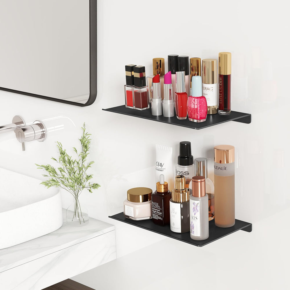 MKO matte black floating shelves for toiletries and everyday items