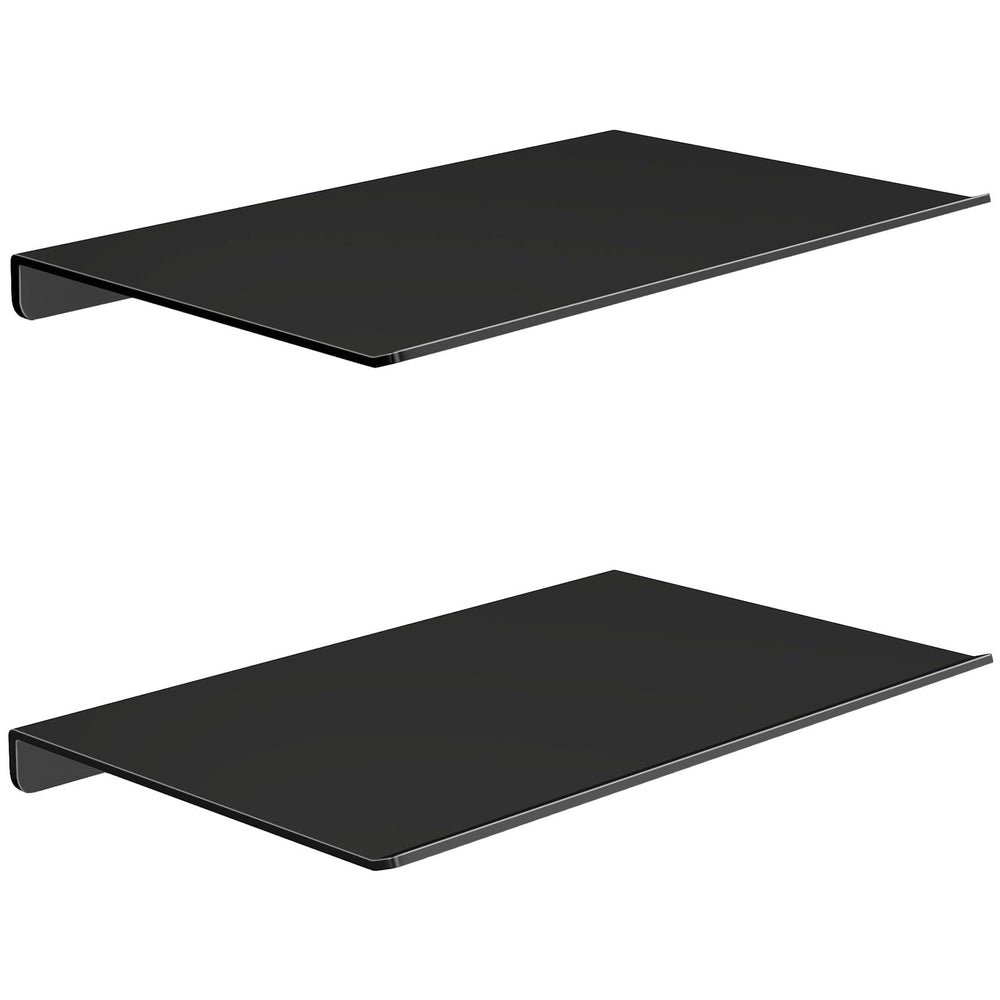 MKO 8 inch floating shelves in matte black mounted on wall for compact display and storage