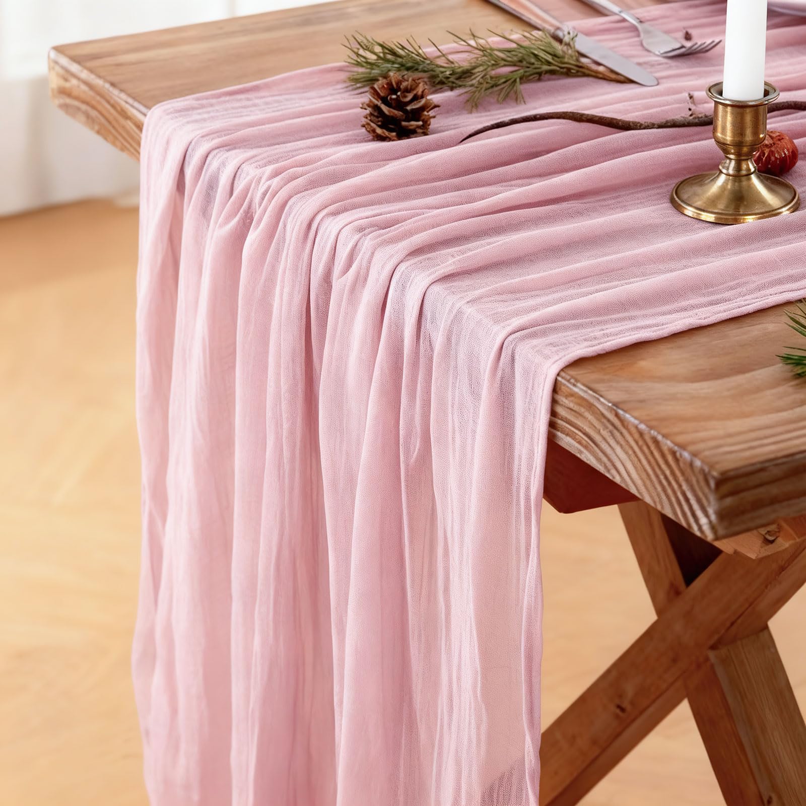 Mkobon dusty pink cheesecloth table runner shows elegant length on 10 ft tables