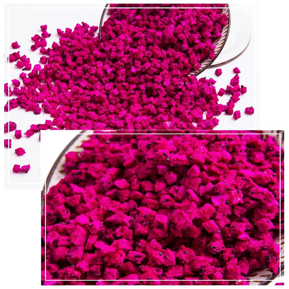 Mkostlich dragon fruit cubes close-up highlighting crispy texture and vibrant color