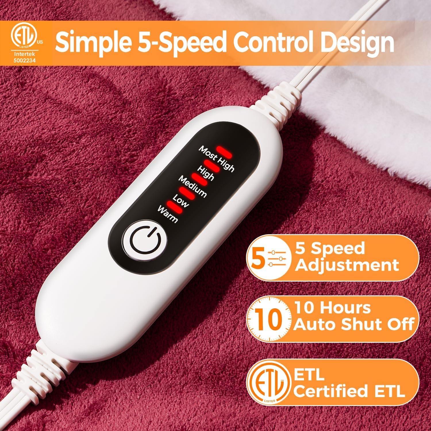 Mlivrom ETL-certified heating blanket with safety features for peace of mind.