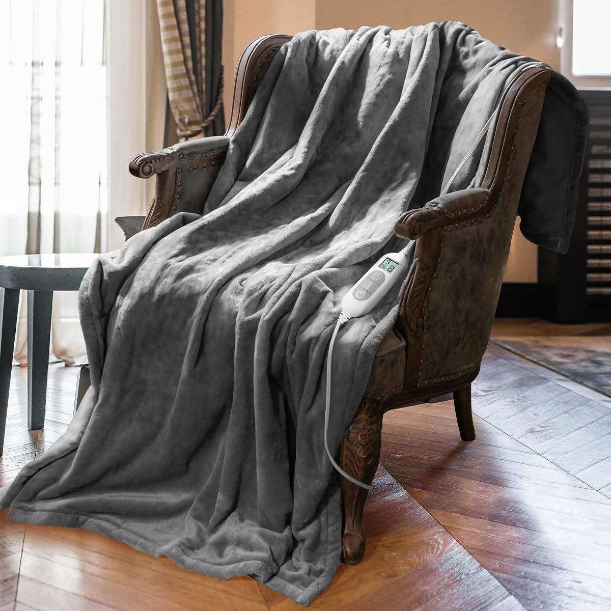 Mlivrom heated throw blanket full view shows cozy sofa warmth