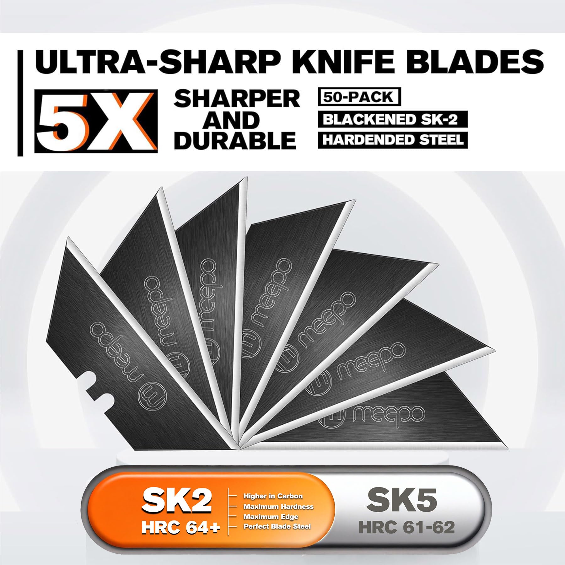 M MEEPO blackened SK2 steel blades with superior durability.