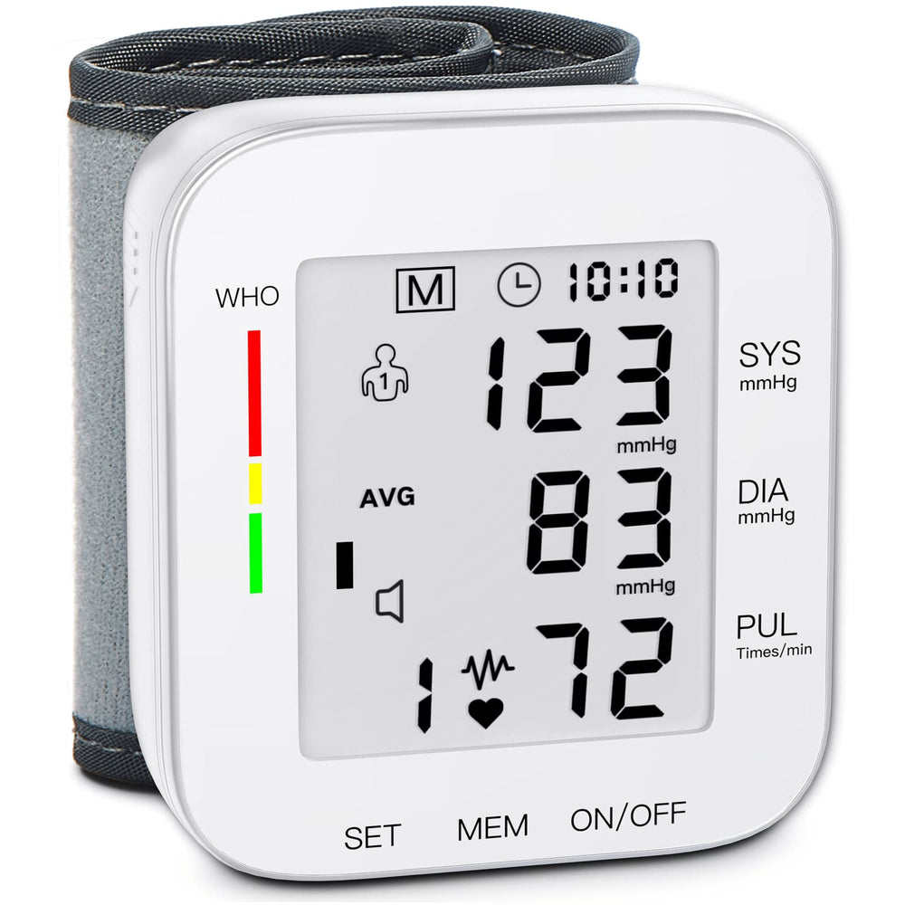 MMIZOO wrist blood pressure monitor with large LCD display for easy home readings.