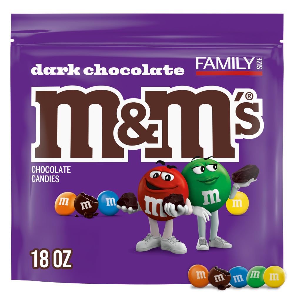 M&M'S dark chocolate candy 18oz bulk bag with resealable lid for freshness.