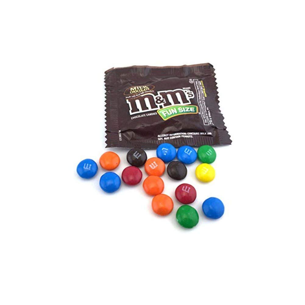 M&M's Milk Chocolate Fun Size close-up, glossy candy shells encasing creamy milk chocolate.