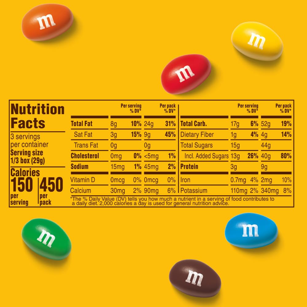 M&M's Peanut Chocolate Movie Theater Box back panel highlighting packaging and 12-pack convenience