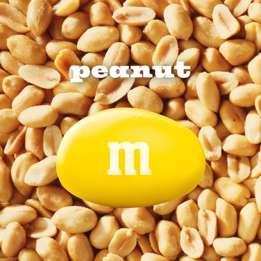 M&M's Peanut Chocolate closeup reveals glossy shell and crunchy peanut center