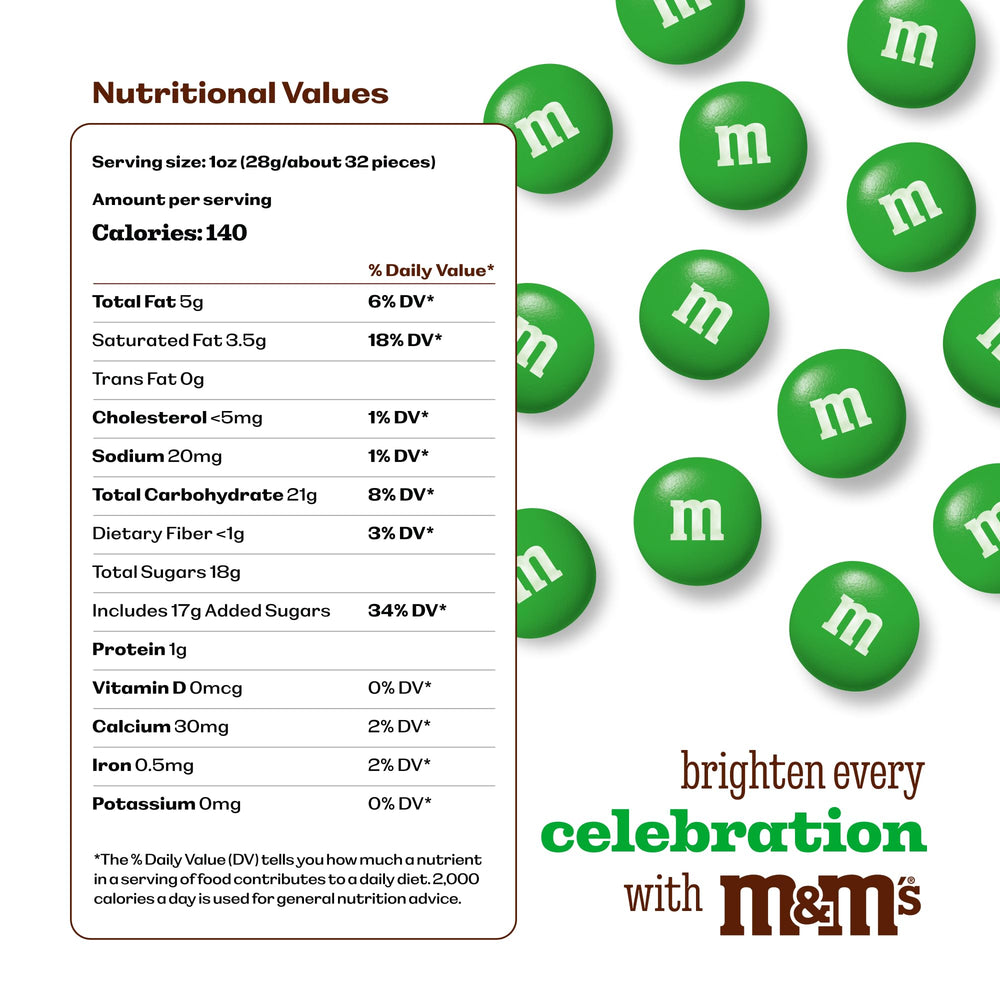M&M'S WORLD resealable pack of green milk chocolate candy keeps freshness.