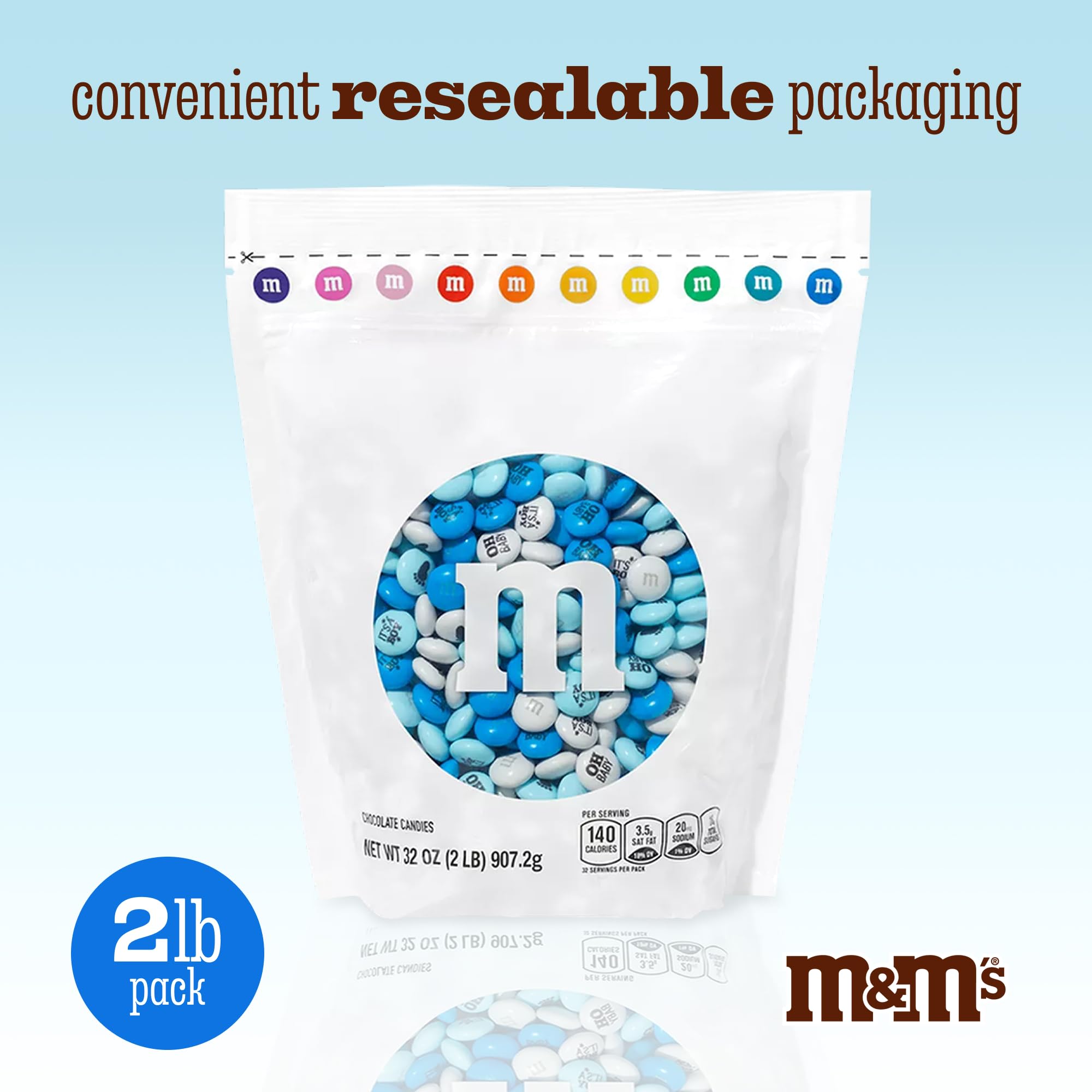 Gift-ready blue and white M&M’S favors for guests.