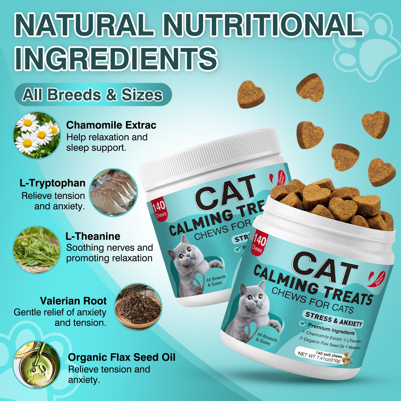 MNQAXZ cat calming treats packaging front showcases calming solution for indoor cats.