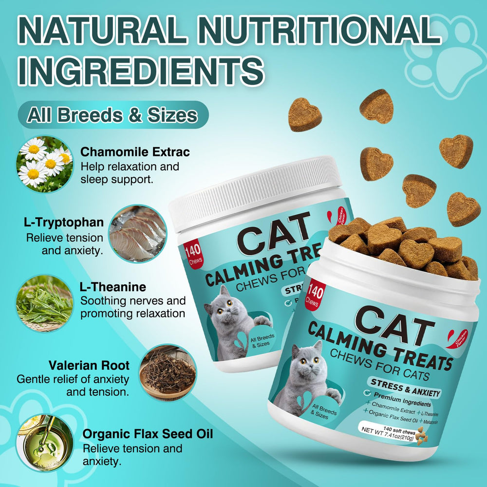 MNQAXZ cat calming treats packaging front showcases calming solution for indoor cats.