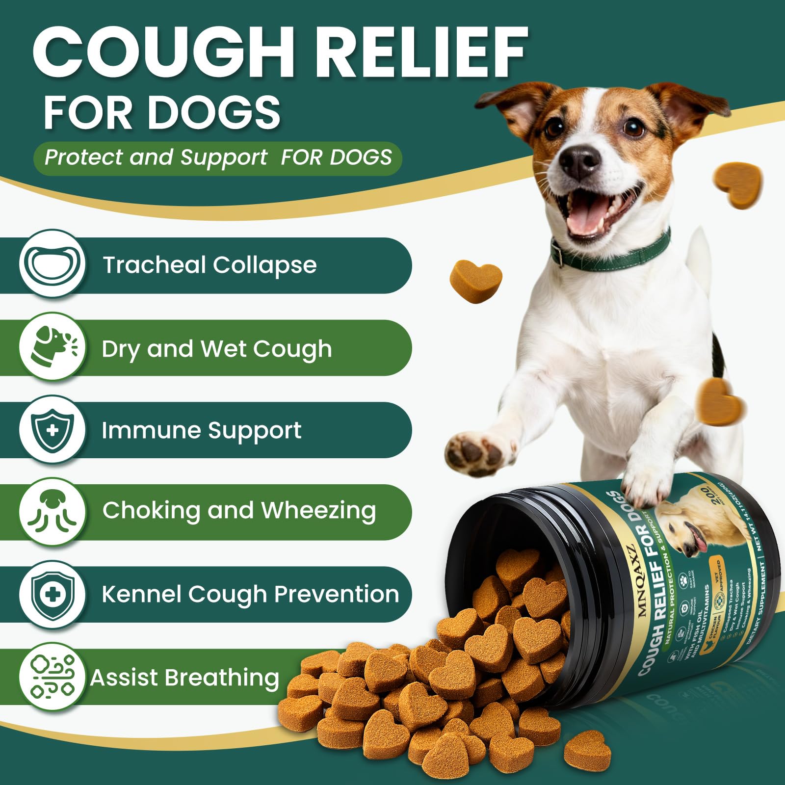 MNQAXZ Dog Cough Relief Chews dosing scene showing measured chews for convenient care