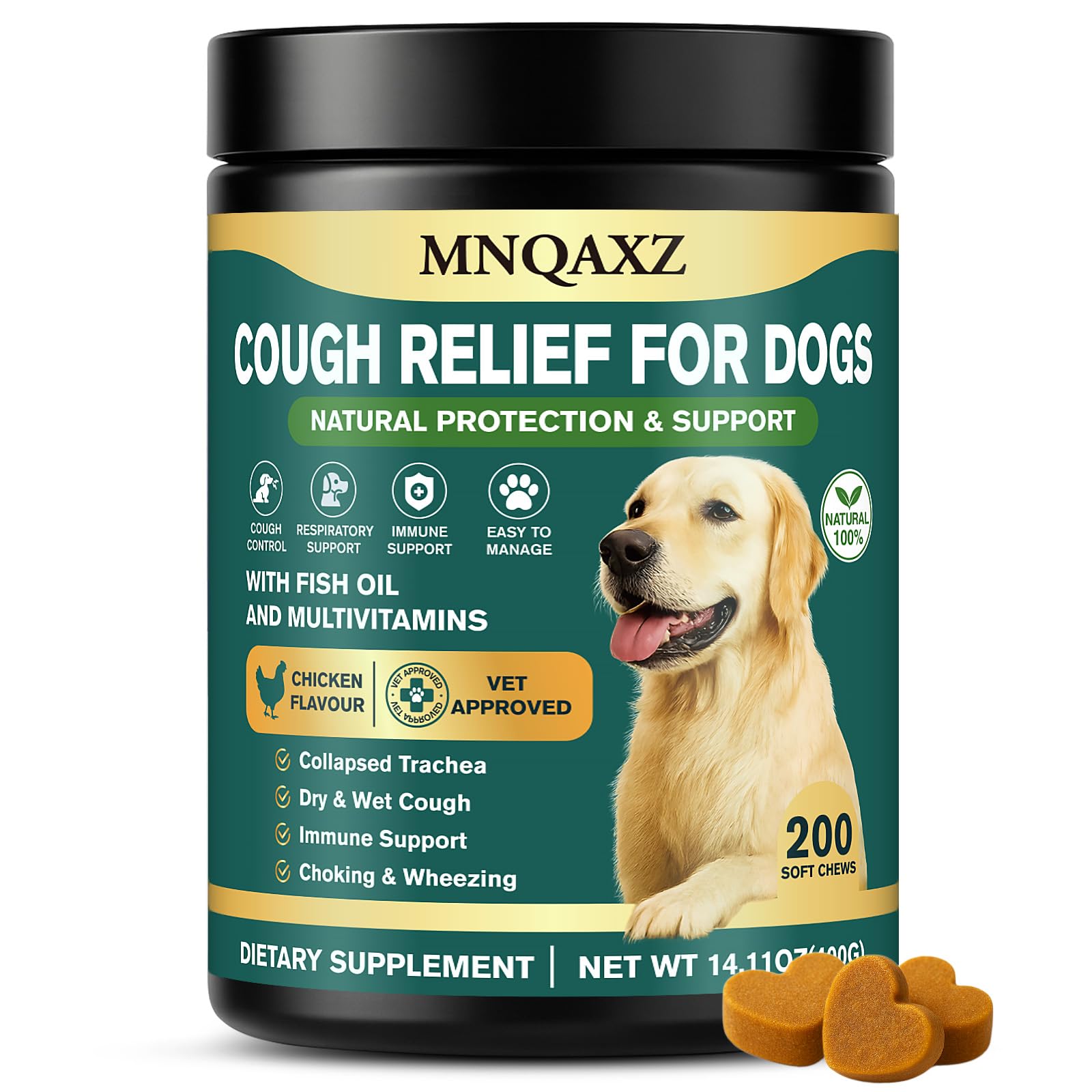 MNQAXZ Dog Cough Relief Chews pack shot with chicken flavor offering easy, gentle respiratory support