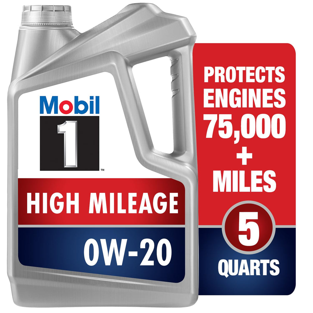 Mobil 1 High Mileage 0W-20 bottle front view highlighting extended engine life