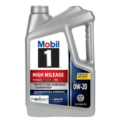 Close-up of Mobil 1 High Mileage 0W-20 label with Triple Action Formula