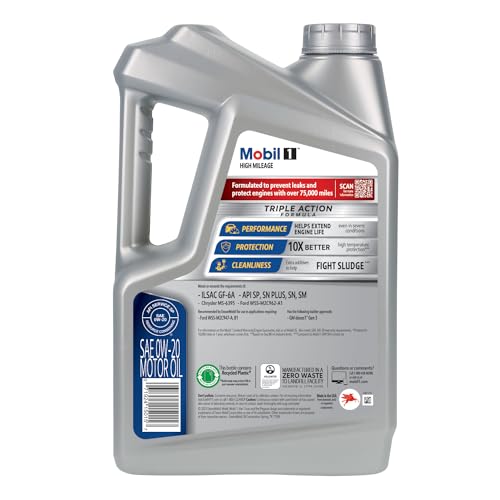 Mobil 1 High Mileage 0W-20 being poured into an engine bay for smoother operation