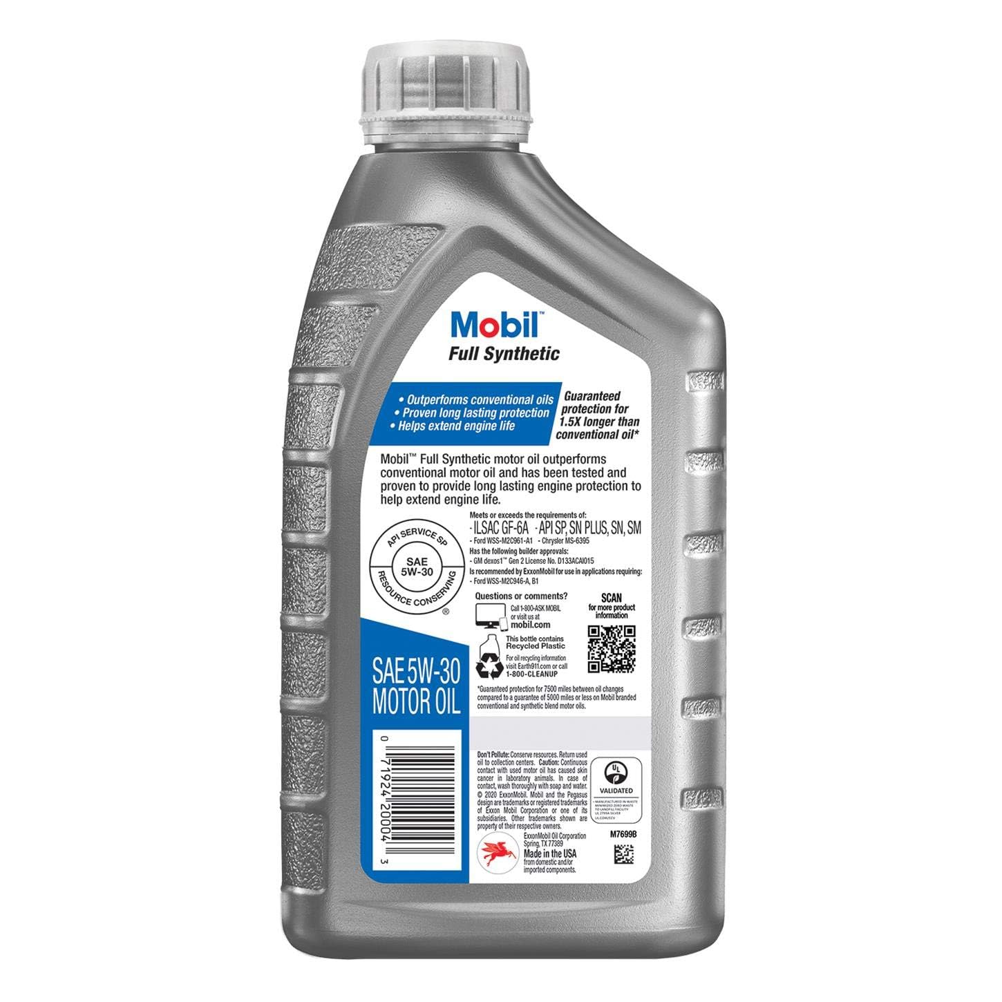 Mobil Full Synthetic 5W-30 1-quart container pouring, signaling quick, clean oil changes.