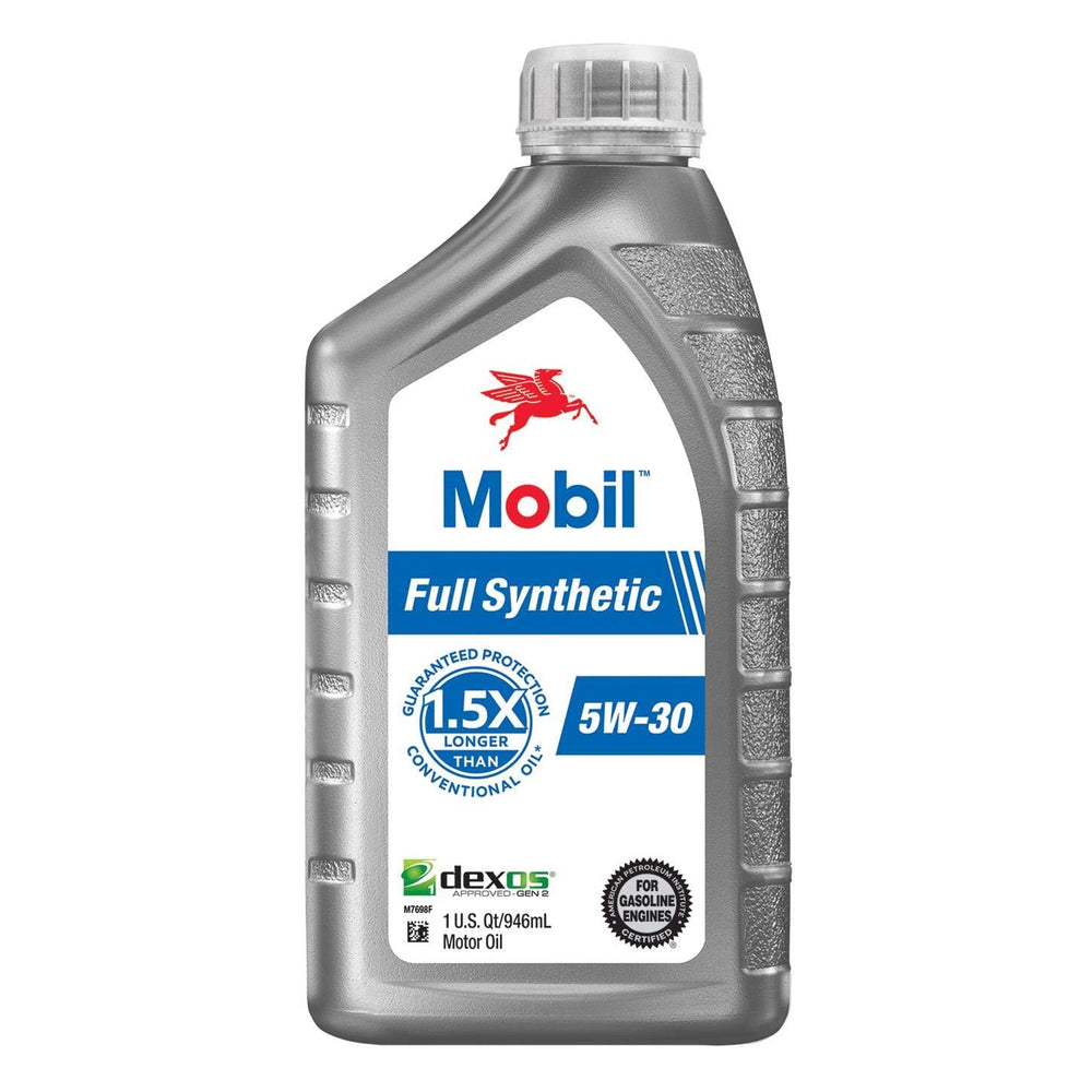 Mobil Full Synthetic 5W-30 bottle with label emphasizing long oil life and high-temperature performance.
