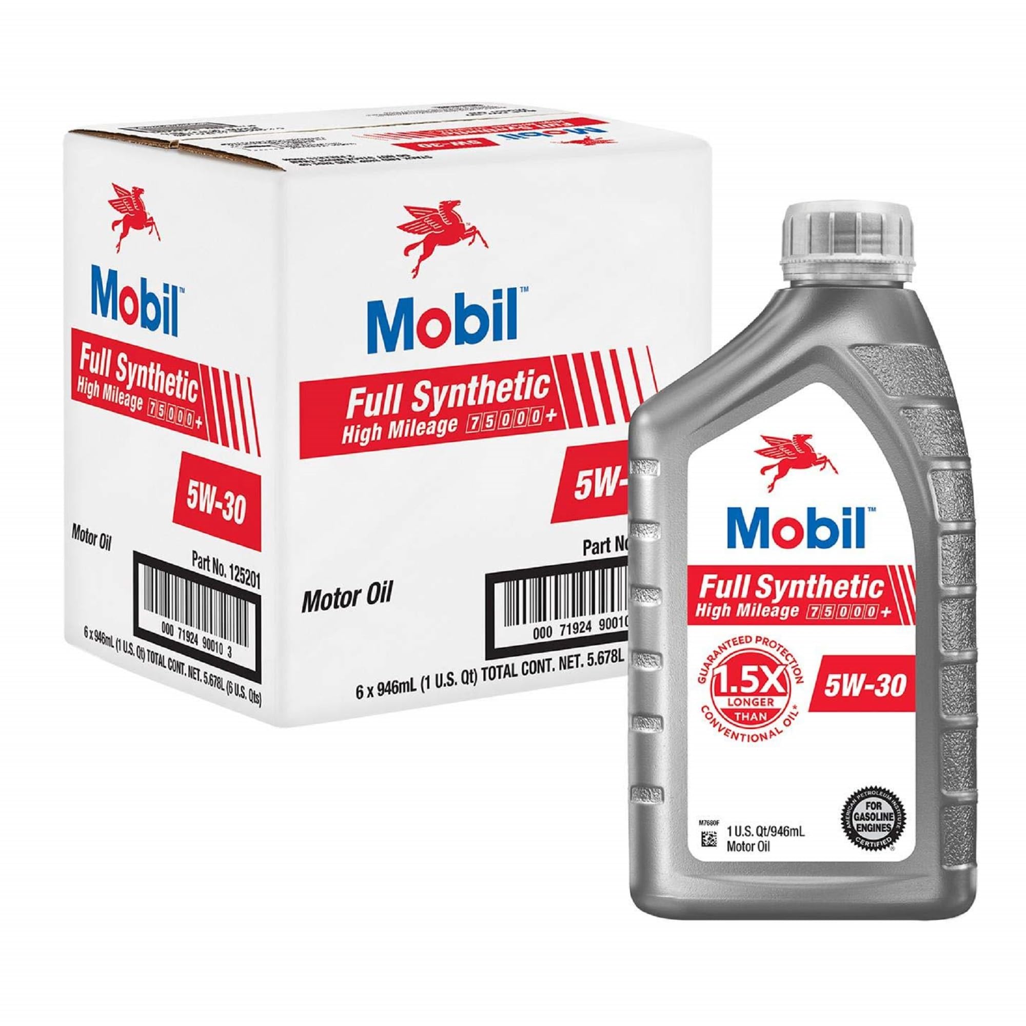 Mobil Full Synthetic High Mileage 5W-30 bottle boosts high-mileage engine protection.