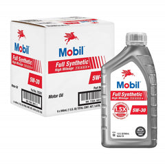 Mobil Full Synthetic High Mileage 5W-30 bottle boosts high-mileage engine protection.