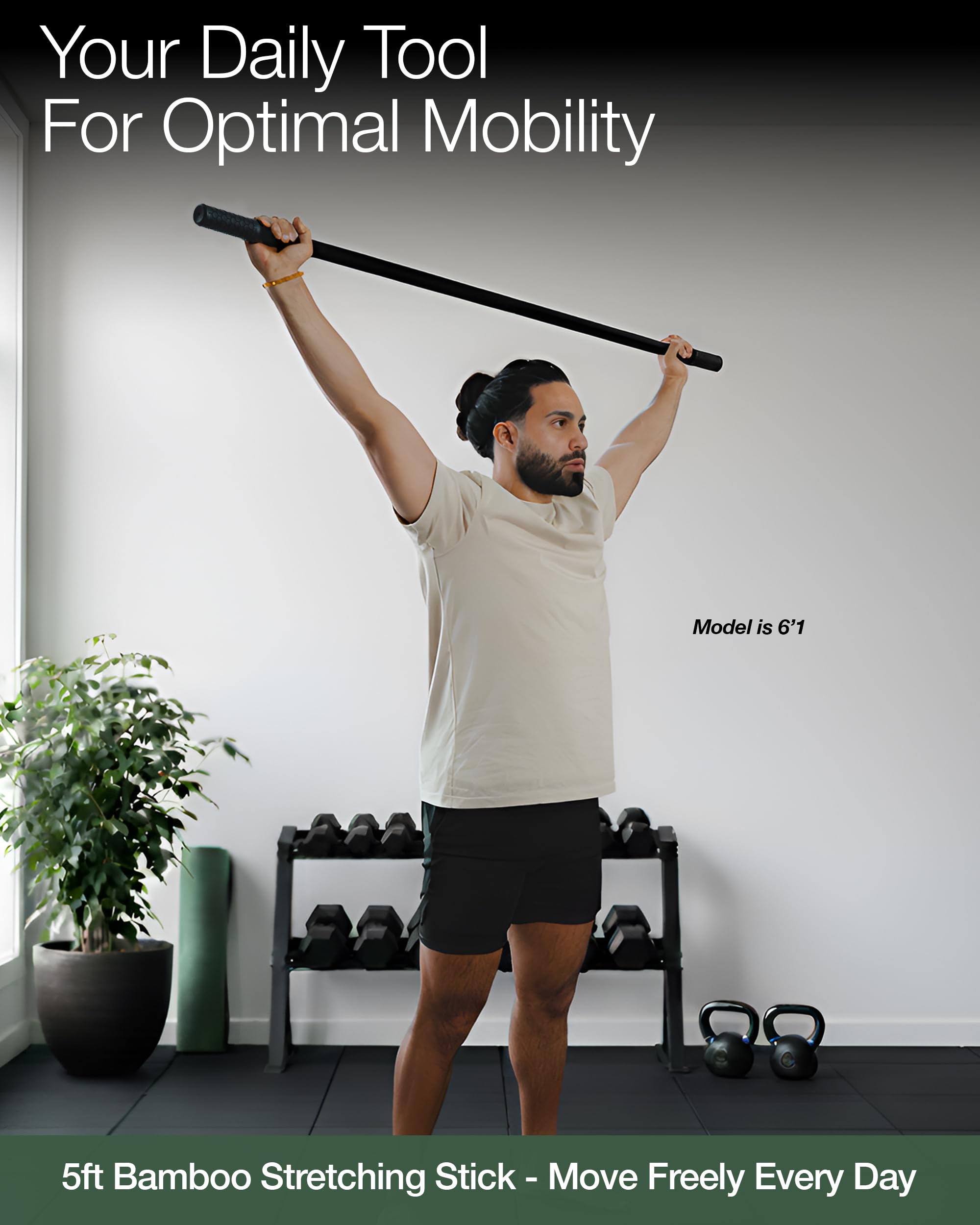 Mobility Mentor stretch stick with non-slip grips supports controlled dynamic stretches.