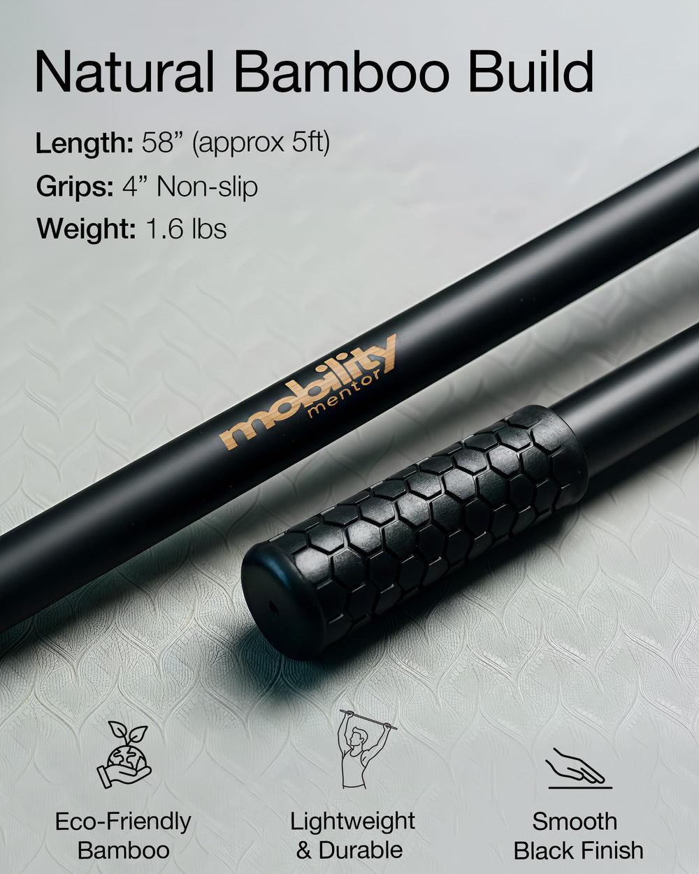 Mobility Mentor workout stick enables full-body stretching and functional training at home.
