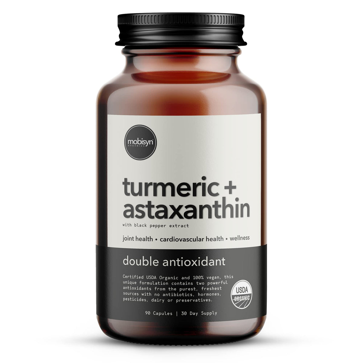 Mobisyn Organic Astaxanthin 12mg bottle showcasing double antioxidant power for daily wellness.