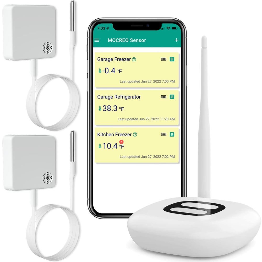 MOCREO WiFi thermometer hub with live alerts for temperature shifts.