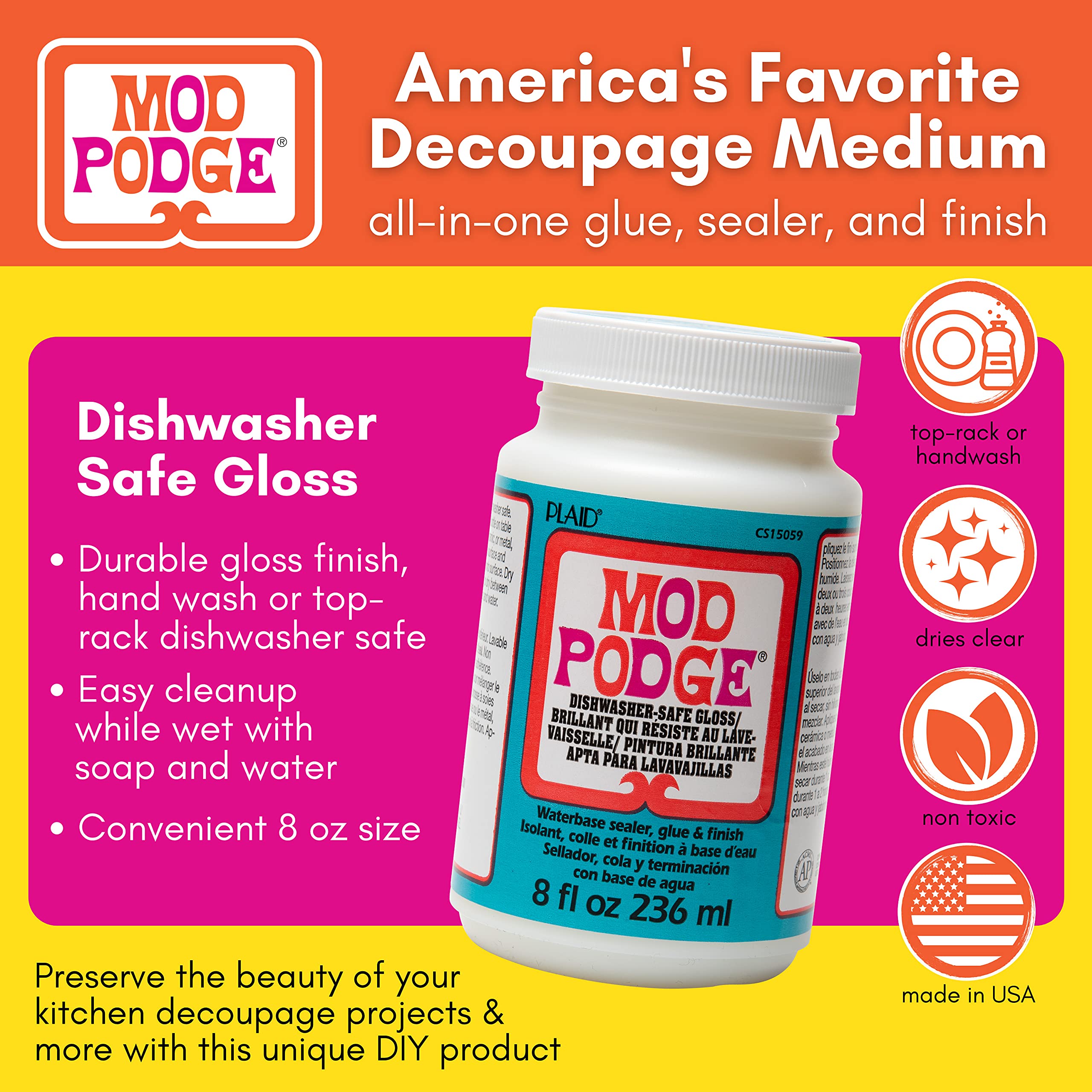 Mod Podge Dishwasher Safe bottle cap detail highlights secure seal for durable finishes.