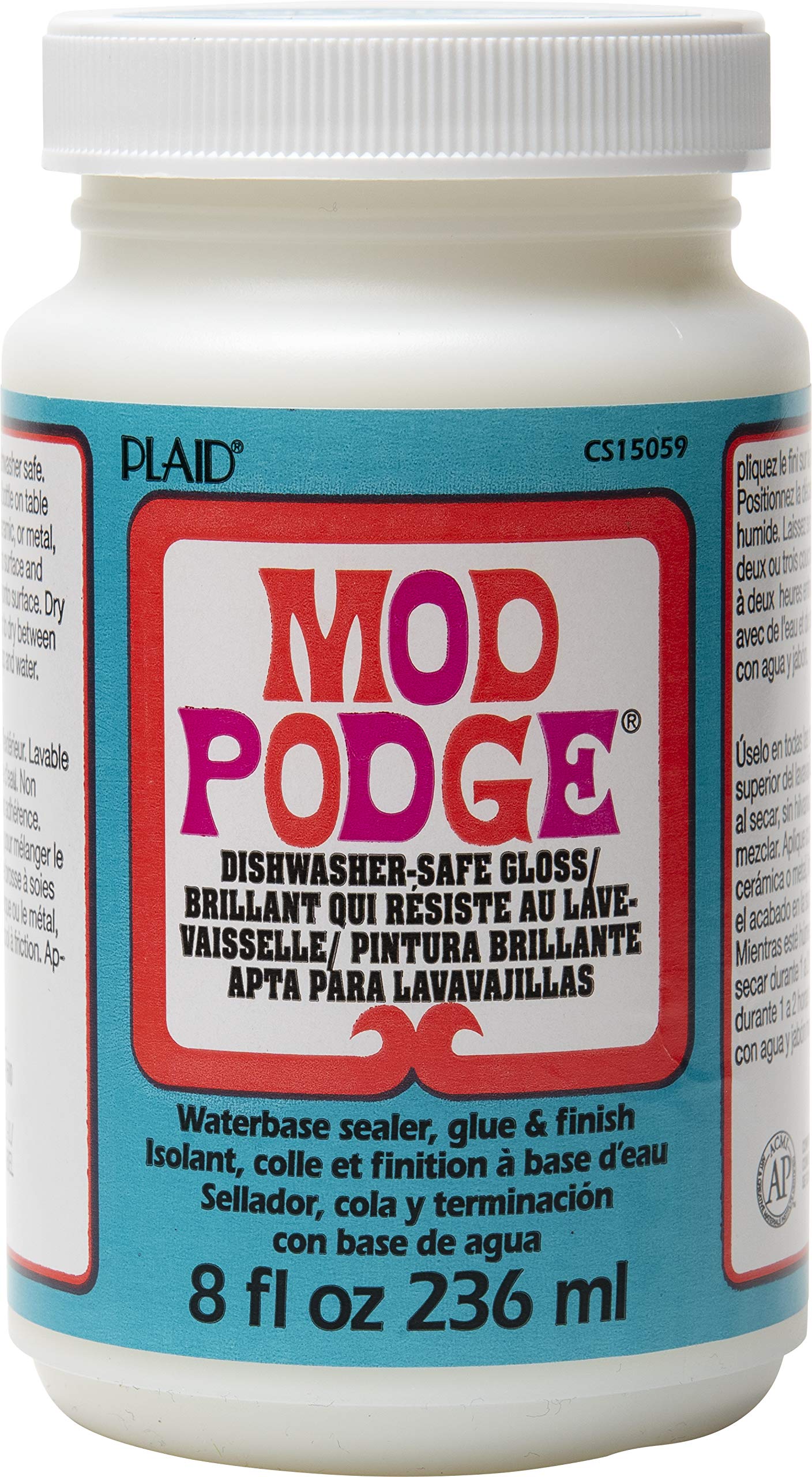 Mod Podge Dishwasher Safe bottle front view, compact 8-ounce size for quick decoupage projects.