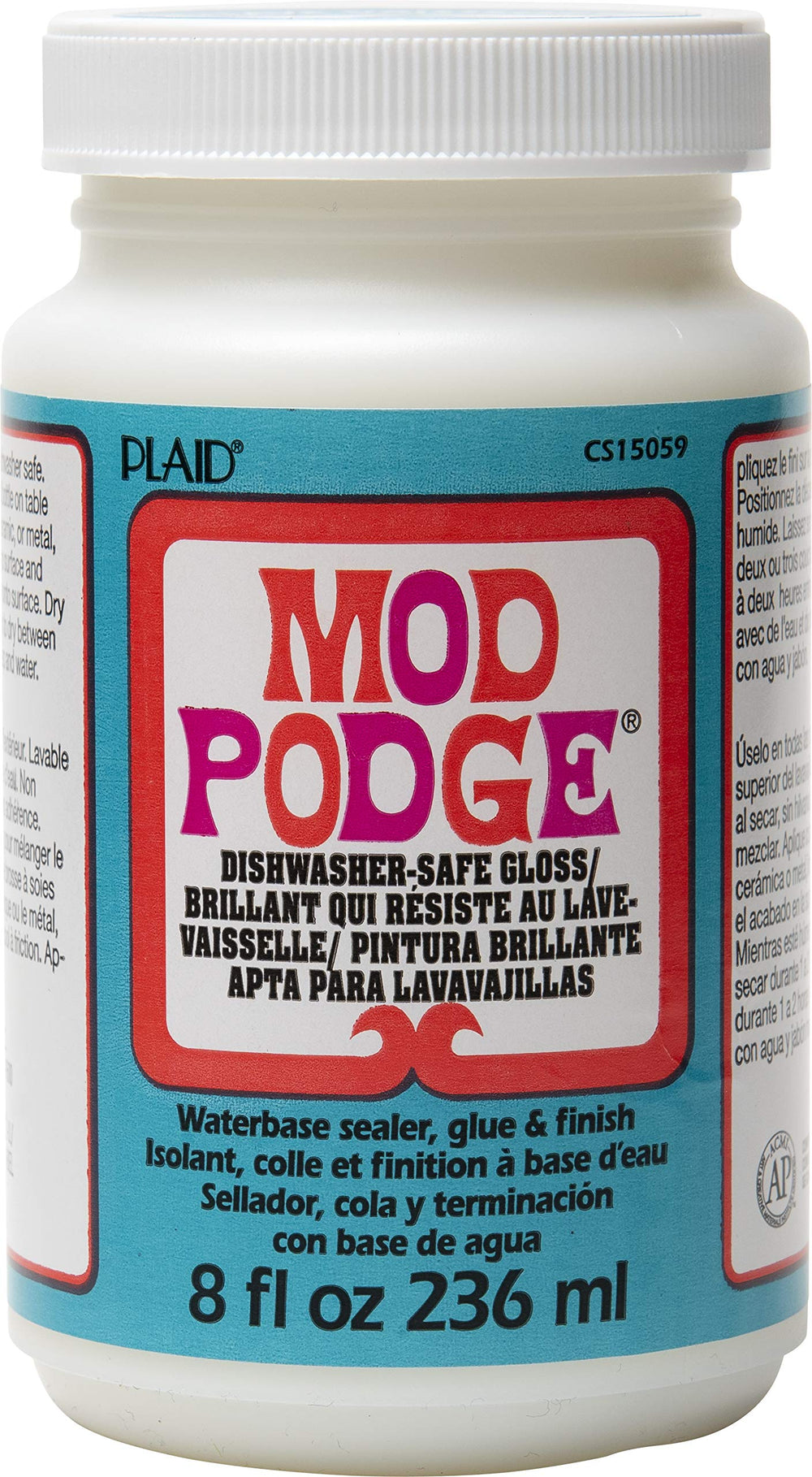 Mod Podge Dishwasher Safe bottle front view, compact 8-ounce size for quick decoupage projects.