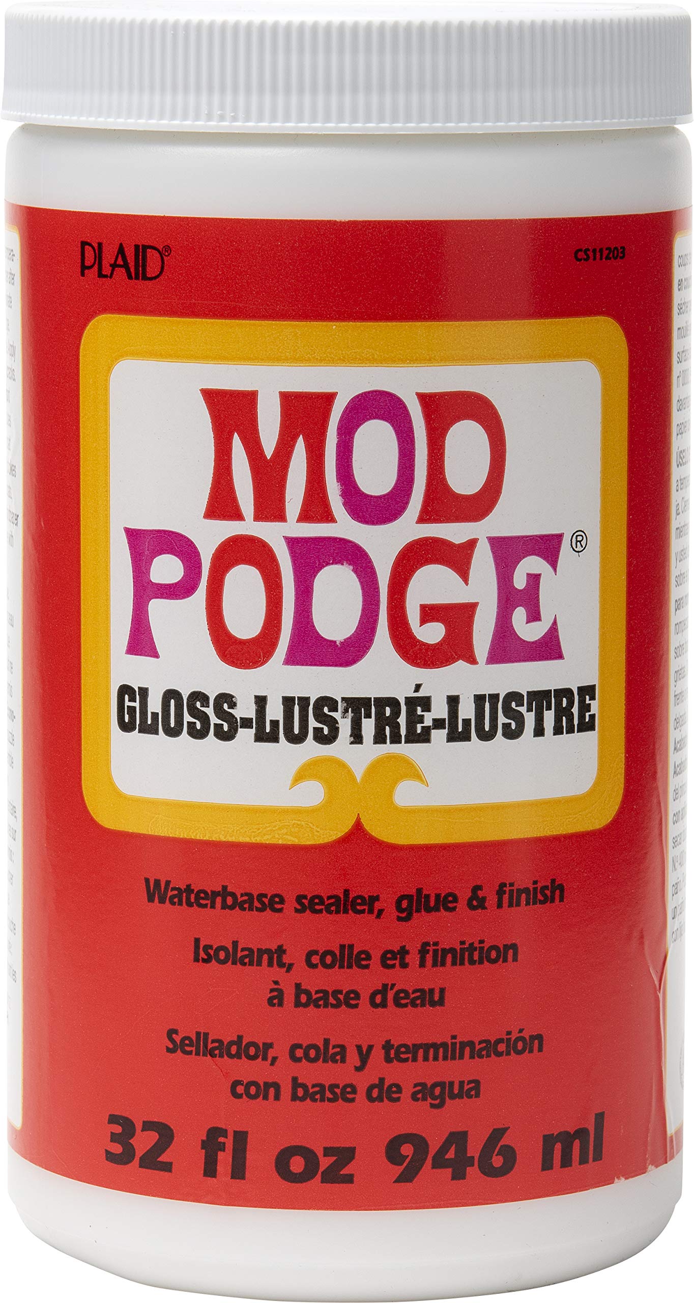 Mod Podge Gloss bottle front showing all-in-one glue and sealer for crafts.