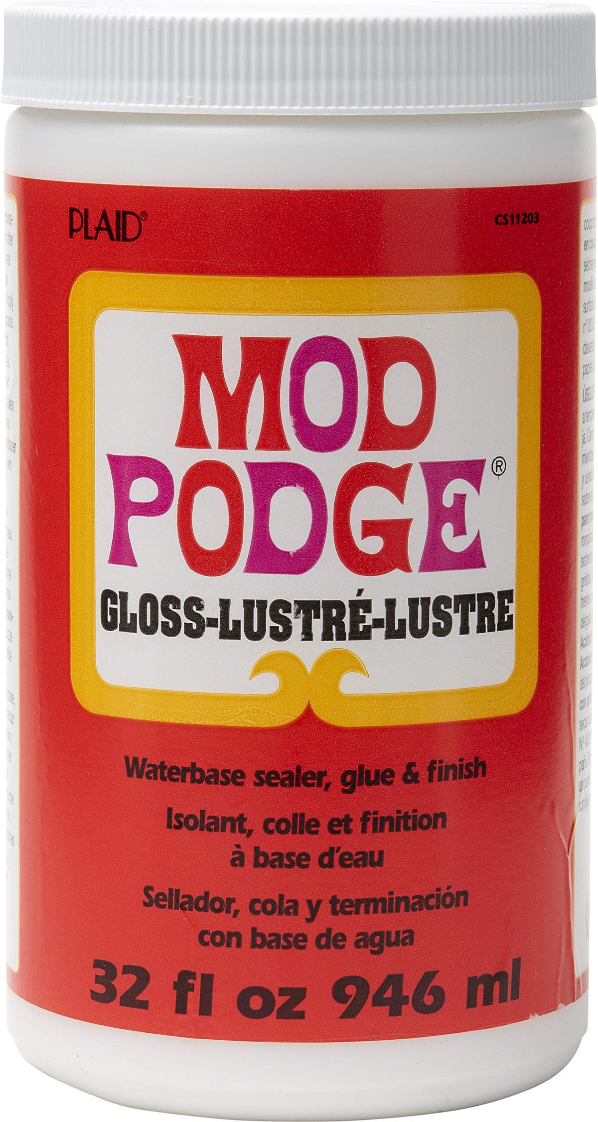Mod Podge Gloss bottle front showing all-in-one glue and sealer for crafts.