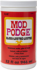 Mod Podge Gloss bottle front showing all-in-one glue and sealer for crafts.