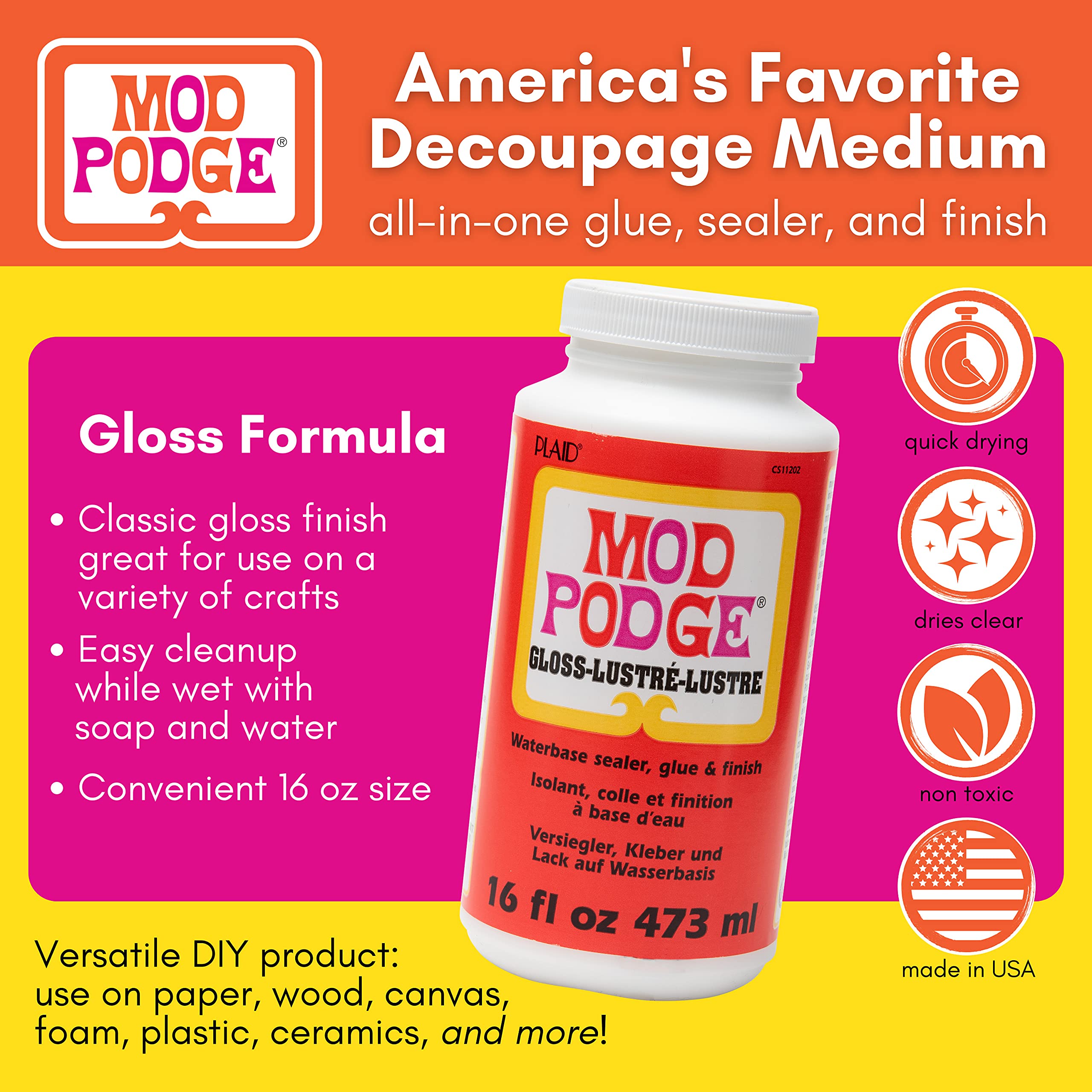 Mod Podge Gloss dries clear for a bright, glossy finish