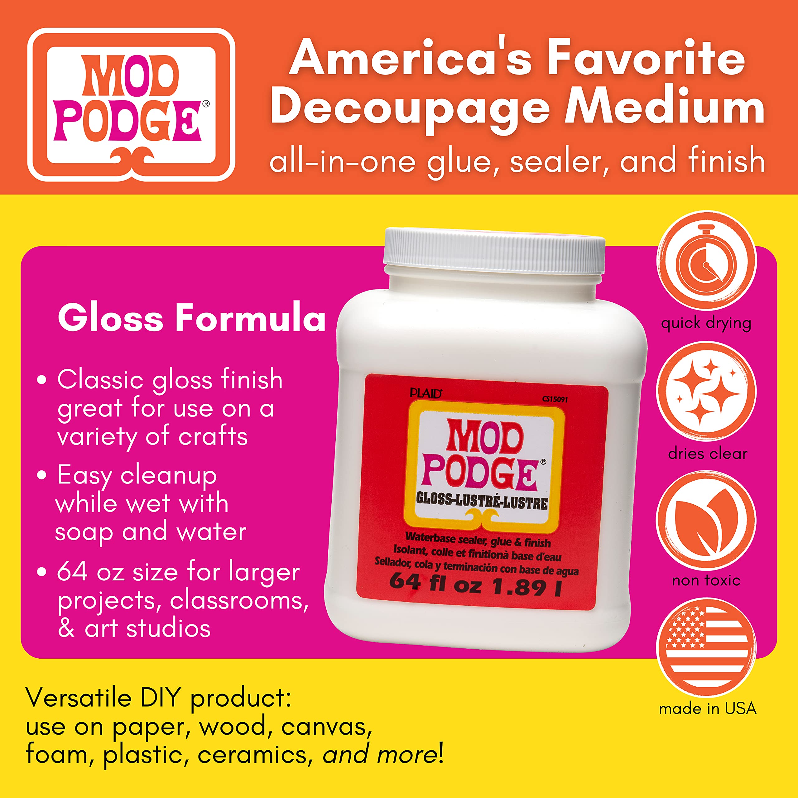 Close-up of the Mod Podge Gloss label shows non-toxic, Made in USA quality for safe crafting.