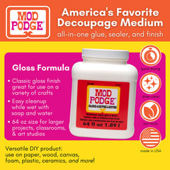 Close-up of the Mod Podge Gloss label shows non-toxic, Made in USA quality for safe crafting.