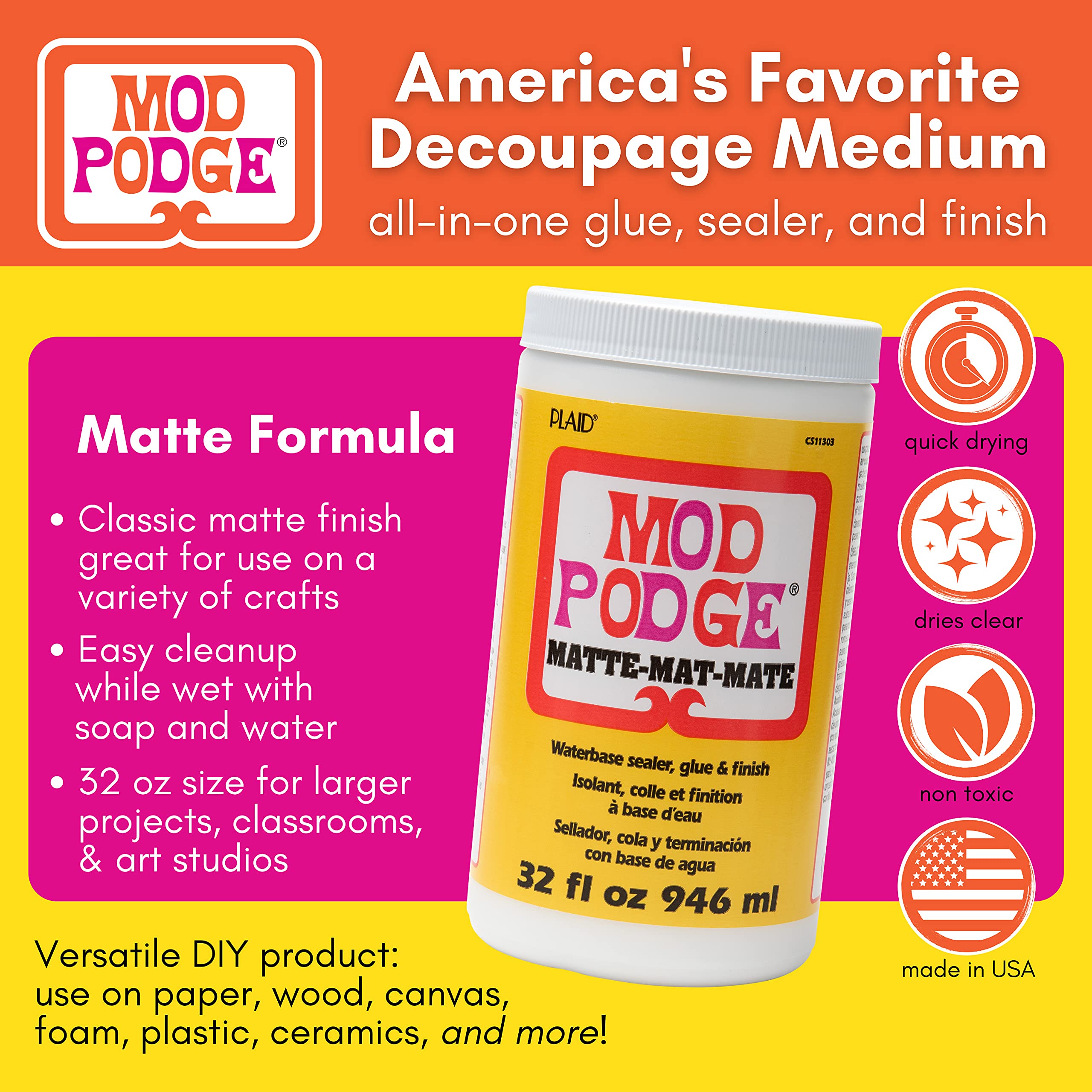 Mod Podge Matte label highlights USA-made quality for your projects